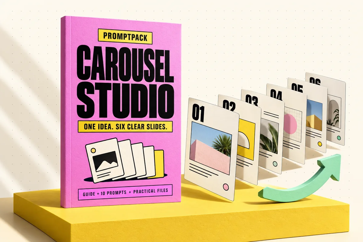 Carousel Studio digital guide mockup with conceptual workflow props