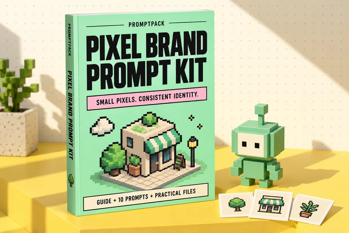 Pixel Brand Prompt Kit digital guide mockup with conceptual workflow props