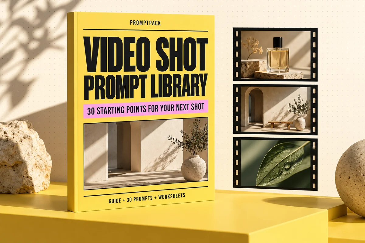 Video Shot Prompt Library digital guide mockup with conceptual workflow props