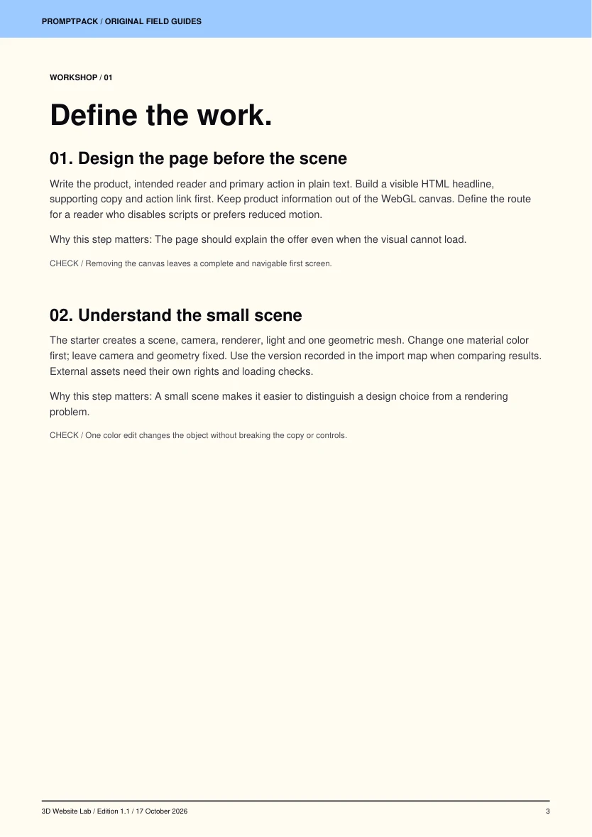 Workshop page from 3D Website Lab with step-by-step instructions