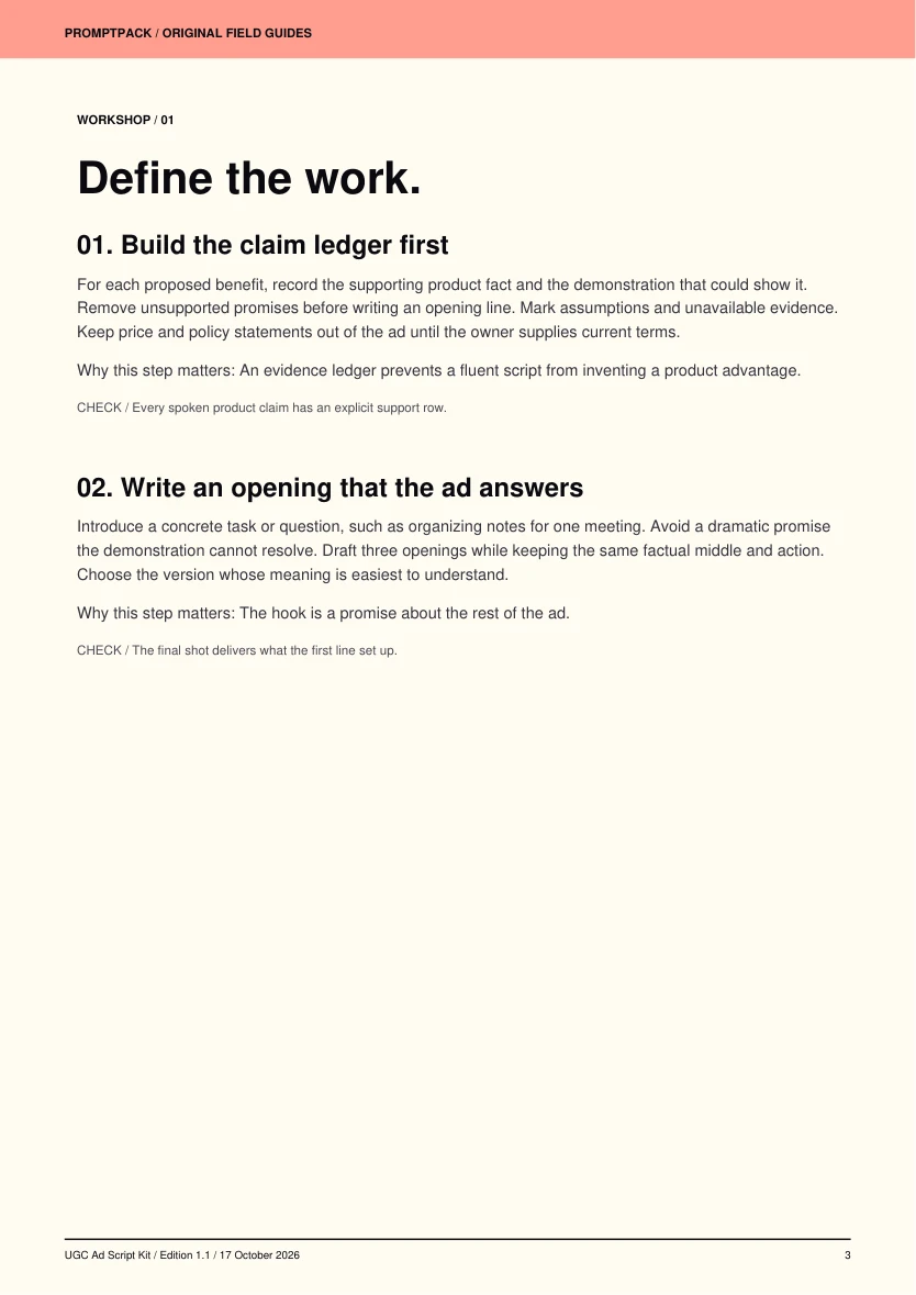 Workshop page from UGC Ad Script Kit with step-by-step instructions