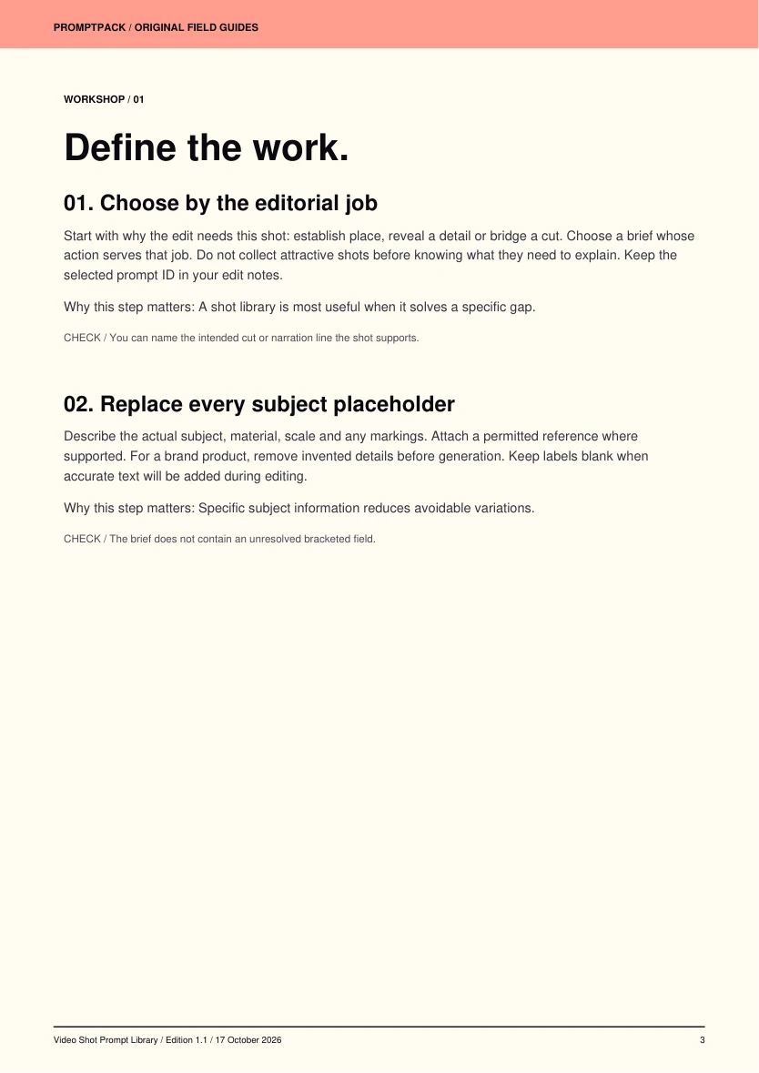 Workshop page from Video Shot Prompt Library with step-by-step instructions